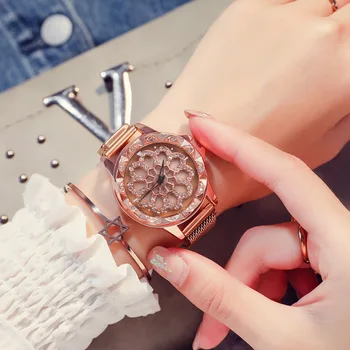 2022 Розовое золото Вращающиеся Цветочные Часы Relogio Feminino Модные Магнитные Кварцевые Часы с Бриллиантами Горячая Распродажа Счастливых Женских Наручных Часов