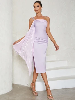 2023 Фиолетовое платье Миди без рукавов с бисером на одно плечо, летнее Женское Сексуальное облегающее платье с открытой спиной, Элегантные Модные вечерние платья для вечеринок