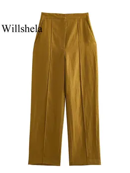 Willshela Женские Модные Однотонные Плиссированные Прямые брюки на молнии Спереди Винтажные женские шикарные брюки с высокой талией