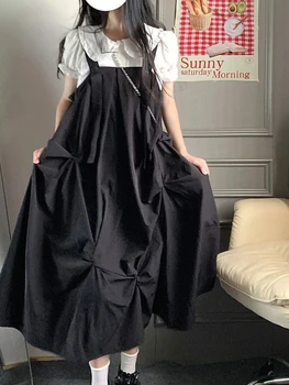 Летние комплекты кавайных платьев HOUZHOU в элегантном стиле, черное платье-комбинация, Белая рубашка, свободные повседневные милые платья миди, Корейская мода