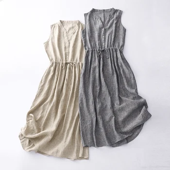 Хлопчатобумажное льняное платье в полоску без рукавов женское лето 2023, новая корейская версия ретро с V-образным вырезом, свободная мода, темперамент, завязанный c